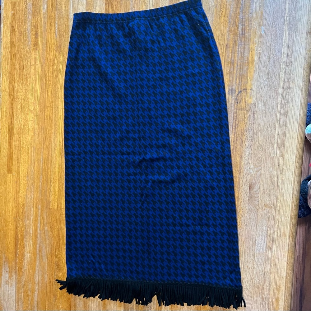 Lennie by‎ Nina Leonard Small Black Blue Houndstooth Fringe Hem Pull On Skirt